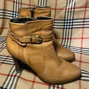 Banana Republic Sophie cognac Leather High Heel Booties w/Braided Buckle Strap
